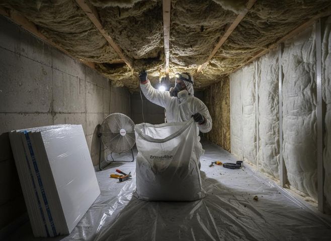Worker in protective gear installing insulation in a crawl space