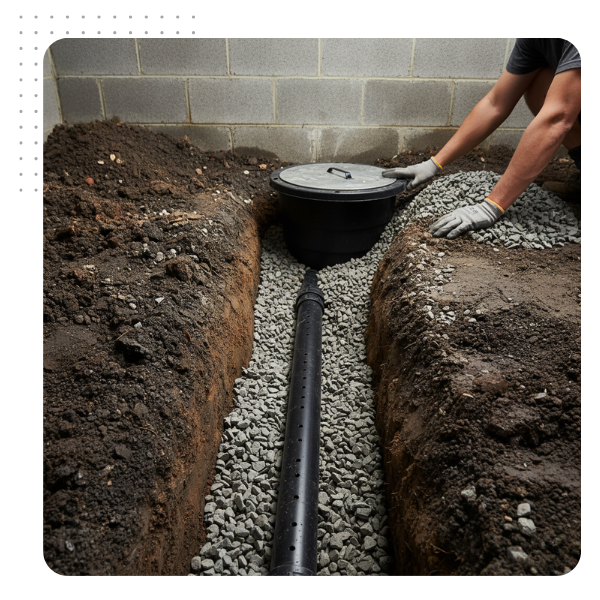Interior French drain and gravel bed leading to a sump pump, illustrating crawl space waterproofing to handle standing water. Interior French drain and gravel bed leading to a sump pump, illustrating crawl space waterproofing to handle standing water.