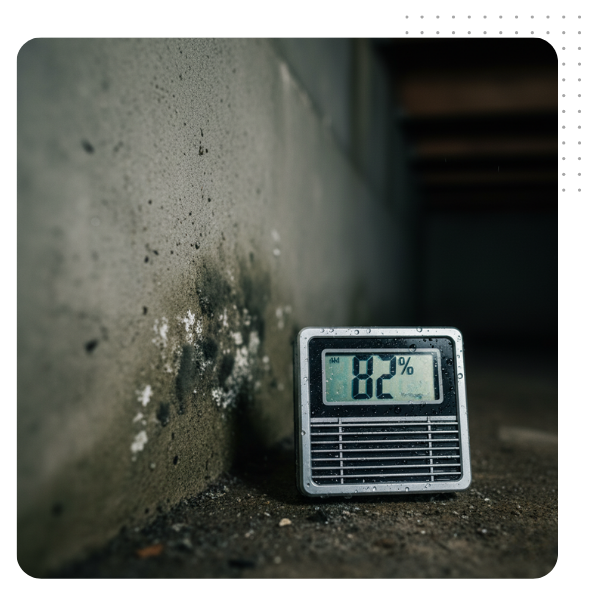 Close-up of a hygrometer displaying high humidity, illustrating the cause of crawl space moisture problems and mold growth. Close-up of a hygrometer displaying high humidity, illustrating the cause of crawl space moisture problems and mold growth.