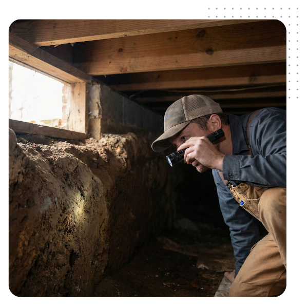 A technician using a high-powered flashlight to inspect a dark crawl space foundation for mold and moisture issues.
