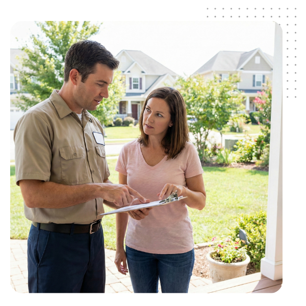 An EMC specialist reviewing a moisture control service plan on a clipboard with a Waxhaw homeowner on their front porch.