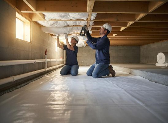 A man and woman in hard hats and gloves kneel on a protective sheet, installing white insulation between wooden ceiling joists in a basement. Couple Installing Basement or Crawl Space Insulation