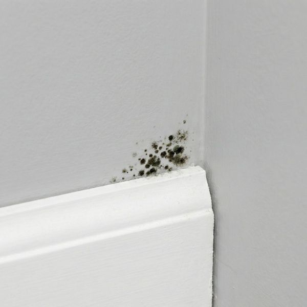 Small patch of mold growing on a white baseboard in a home