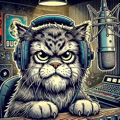 DALL·E 2025-10-29 13.11.06 - A gritty, cartoon-style illustration of a Pallas cat wearing large studio headphones and sitting in front of a microphone. The cat has a tough, expres.jpg.jpg