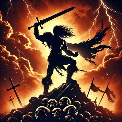 DALL·E 2025-10-29 13.18.48 - A dramatic silhouette of a powerful barbarian warrior standing on top of a pile of skulls, holding a massive sword high in the air in a pose of triump.jpg