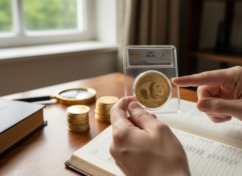 Close-up of hands holding a 1983 graded Chinese Gold Panda coin, with gold coin stacks, magnifying glass, and a ledger on a desk. Numismatist Inspecting a Graded Gold Panda Coin