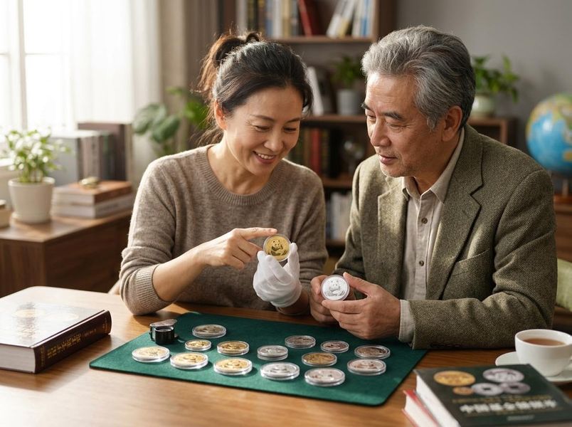 A happy elderly Asian couple examines their coin collection of panda-themed coins at a wooden table in their cozy home. Elderly Asian couple collecting panda coins