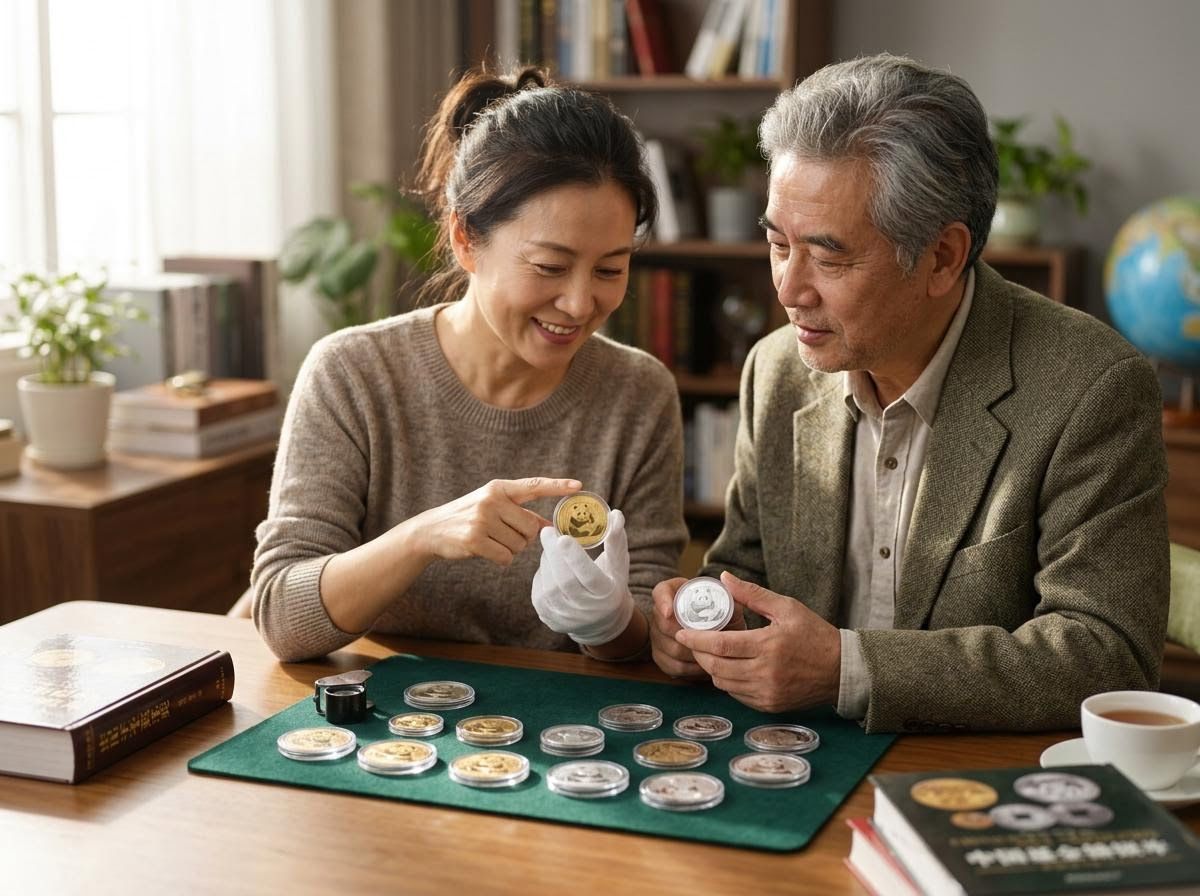 Elderly Asian couple collecting panda coins