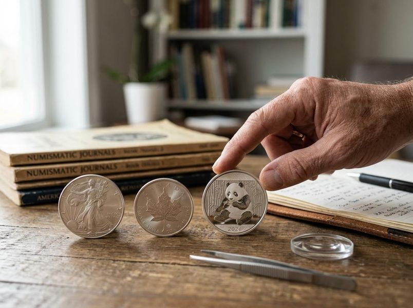 A hand holds a silver panda coin, with US Eagle and Canadian Maple Leaf coins, numismatic journals, and coin collector tools on a wooden desk. Numismatist Examining Silver Bullion Coins and Journals