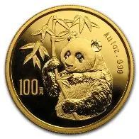 A high-resolution image of a gold 100 Yuan Chinese Panda coin. A panda is depicted holding a bamboo stalk against a polished gold background.