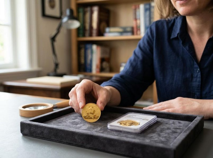 A person holds a shiny gold Chinese Panda coin over a gray display tray, with another coin in a case and a magnifying glass nearby in an office setting. Person examining a gold Chinese Panda coin