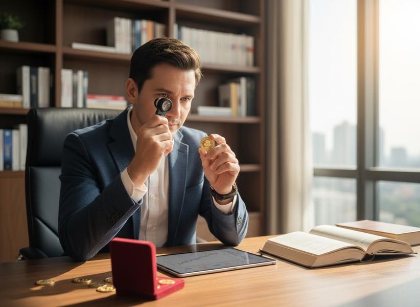 A man in a suit meticulously inspects a gold coin with a jeweler's loupe at his office desk, with a city view outside. Man examining a gold coin with a jeweler's loupe at his desk