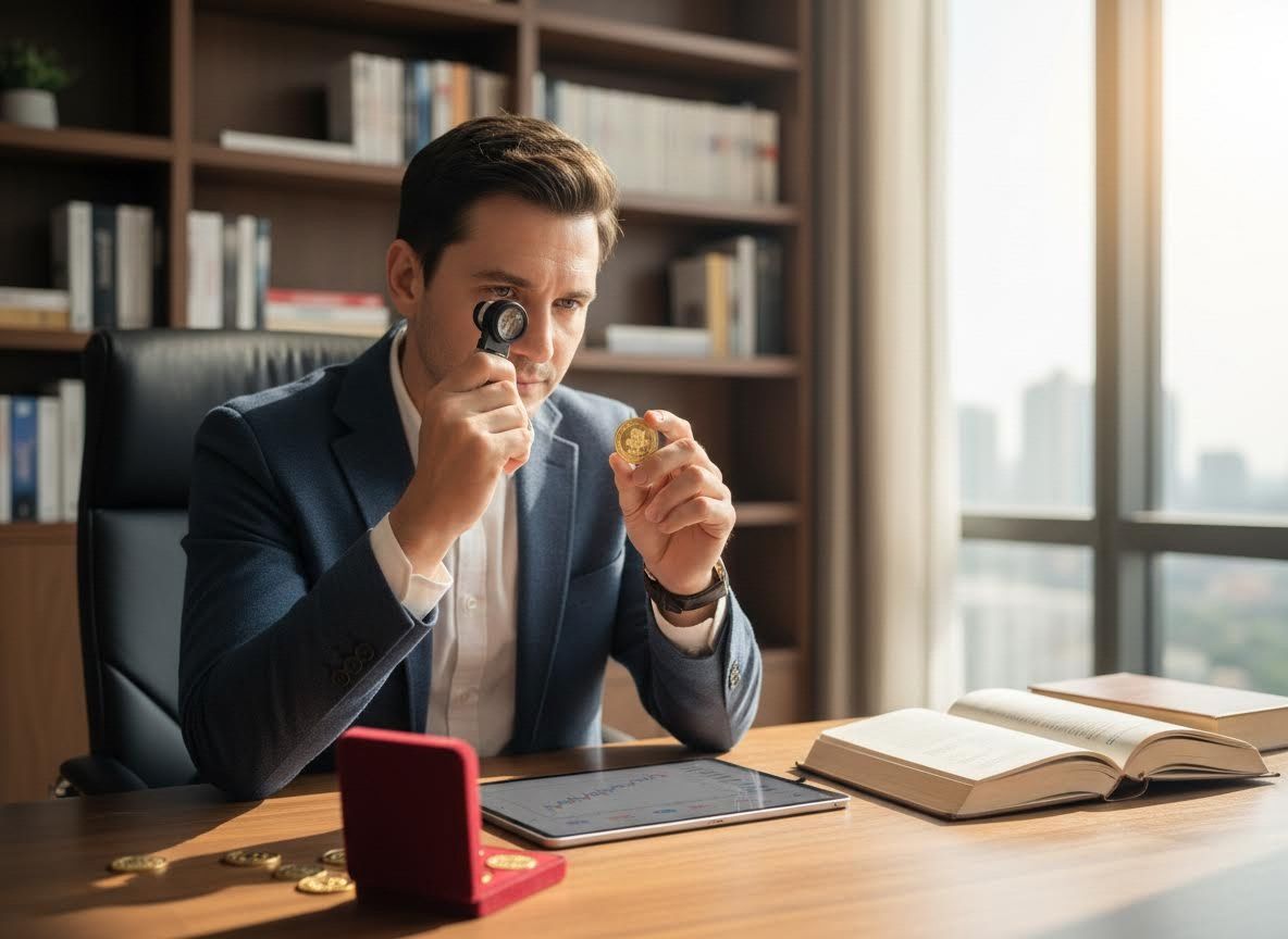 Man examining a gold coin with a jeweler's loupe at his desk