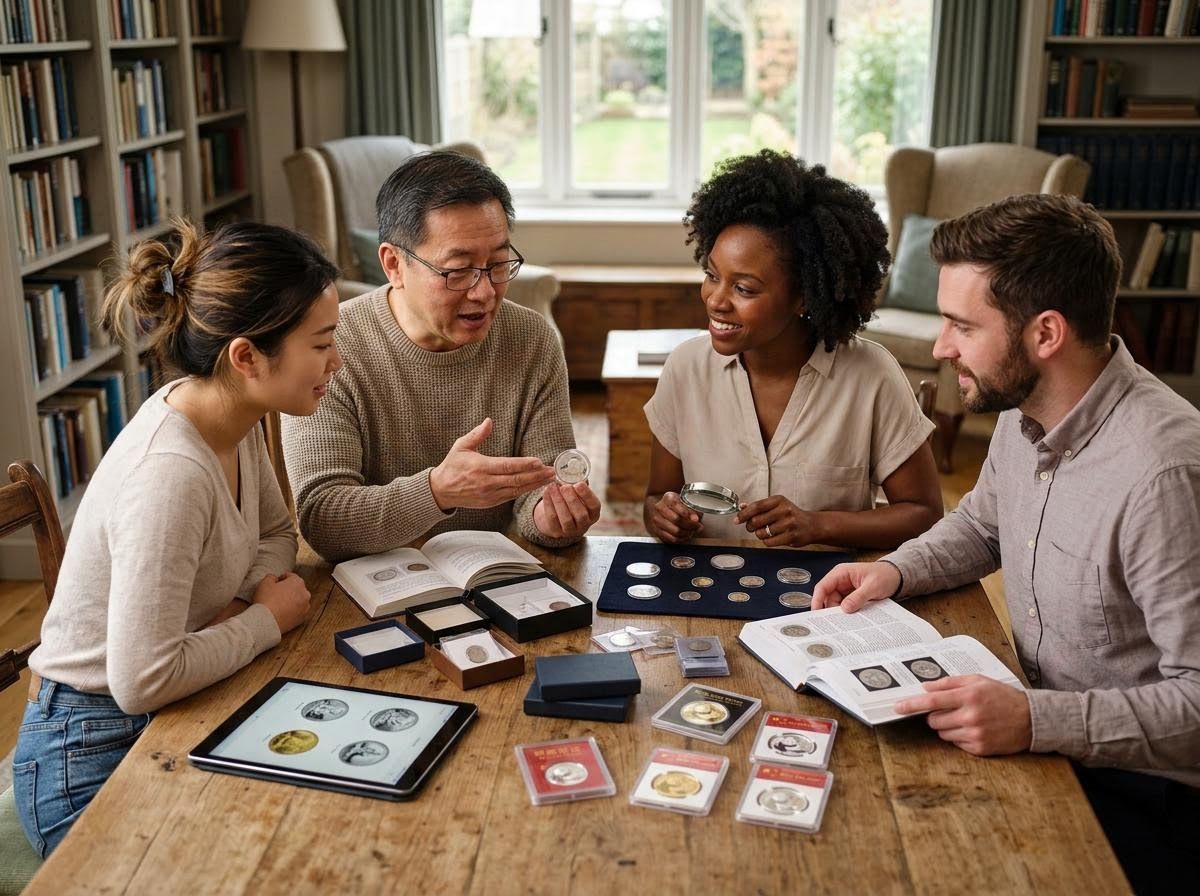 Diverse group of friends engaged in coin collecting and numismatics