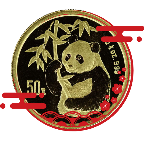A gold Chinese Panda coin with a 50 Yuan denomination. The design shows a panda holding a bamboo branch. The image is accented with red graphic overlays