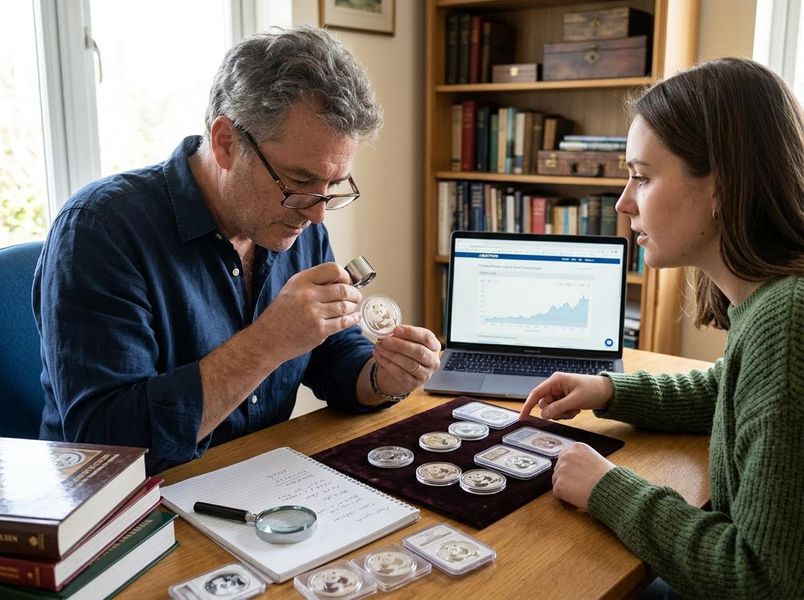 An older man uses a loupe to inspect a coin while a younger woman points at others. A laptop with a graph suggests coin investment research. Man and Woman Examining Coin Collection with Loupe and Laptop