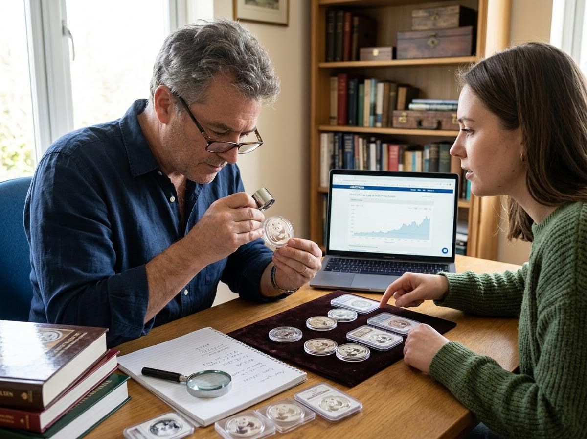 Man and Woman Examining Coin Collection with Loupe and Laptop