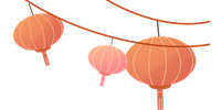 A simple, clean illustration of three round orange Chinese lanterns hanging from two thin brown strings against a plain white background. The lanterns have a soft, textured glow, and small tassels hang from the bottom of each.