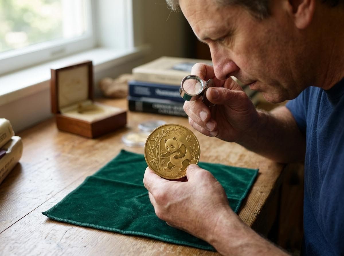 Man inspecting a gold Chinese Panda coin with a loupe