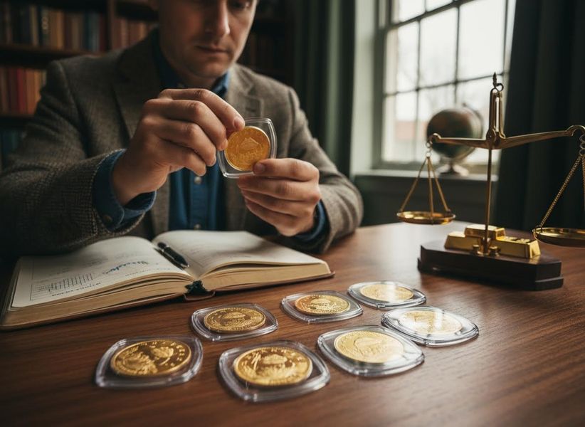 A man in a tweed jacket carefully inspects a gold coin in a protective case, surrounded by other coins, an open book, and a balance scale on a wooden desk. Man Examining Gold Coins and Scales on a Desk