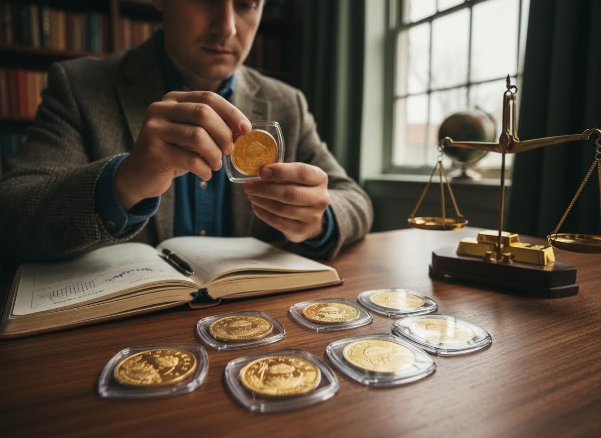 Man Examining Gold Coins and Scales on a Desk