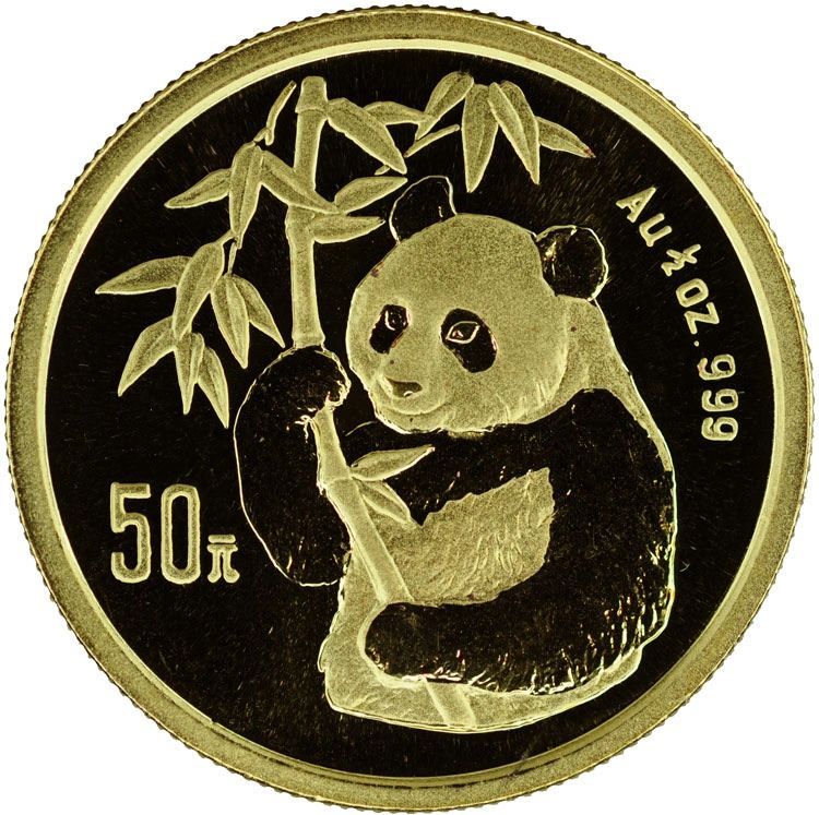 A detailed view of a 50 Yuan gold Chinese Panda coin showing a panda sitting and holding a bamboo stalk. The coin is marked with its weight and purity as "Au 1/4 oz .999"