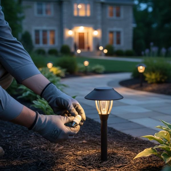 Hands in work gloves installing a small LED bulb into an outdoor pathway light fixture in a mulched garden bed next to a stone path leading to a house in the background. Hands in work gloves installing a small LED bulb into an outdoor pathway light fixture in a mulched garden bed next to a stone path leading to a house in the background.