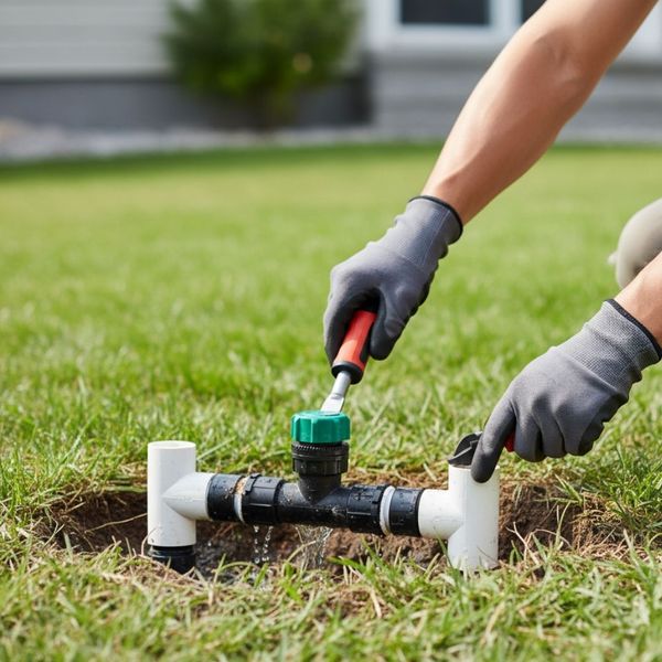 Person with gloved hands adjusting an irrigation system valve partially buried in a green lawn, showing a minor water leak. Person with gloved hands adjusting an irrigation system valve partially buried in a green lawn, showing a minor water leak.