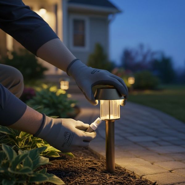 Person wearing grey gloves replacing a small LED bulb in an outdoor pathway light fixture next to a brick walkway at dusk. Person wearing grey gloves replacing a small LED bulb in an outdoor pathway light fixture next to a brick walkway at dusk.