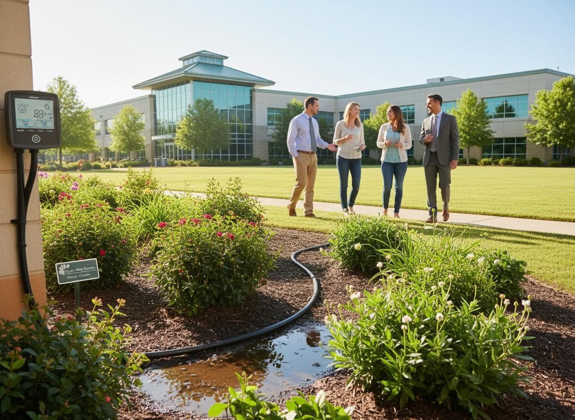 Smart Irrigation and Business Professionals at a Modern Office Campus