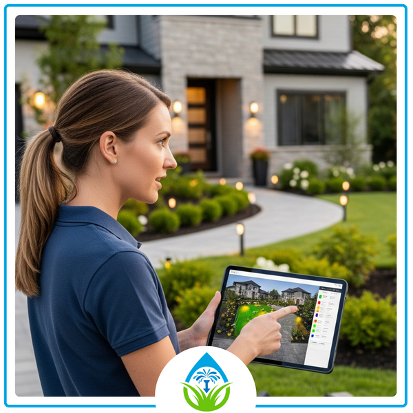 A landscape lighting designer reviewing a custom lighting plan on a tablet with a homeowner in their front yard, planning the placement of new yard lamps.