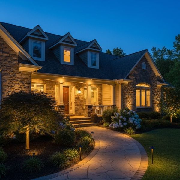 Residential house at twilight, illuminated by warm landscape lighting highlighting the stone facade, entryway, and garden path. Residential house at twilight, illuminated by warm landscape lighting highlighting the stone facade, entryway, and garden path.