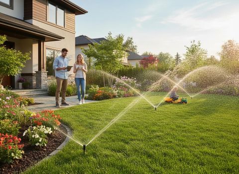 Family in Modern Yard with Smart Sprinkler System