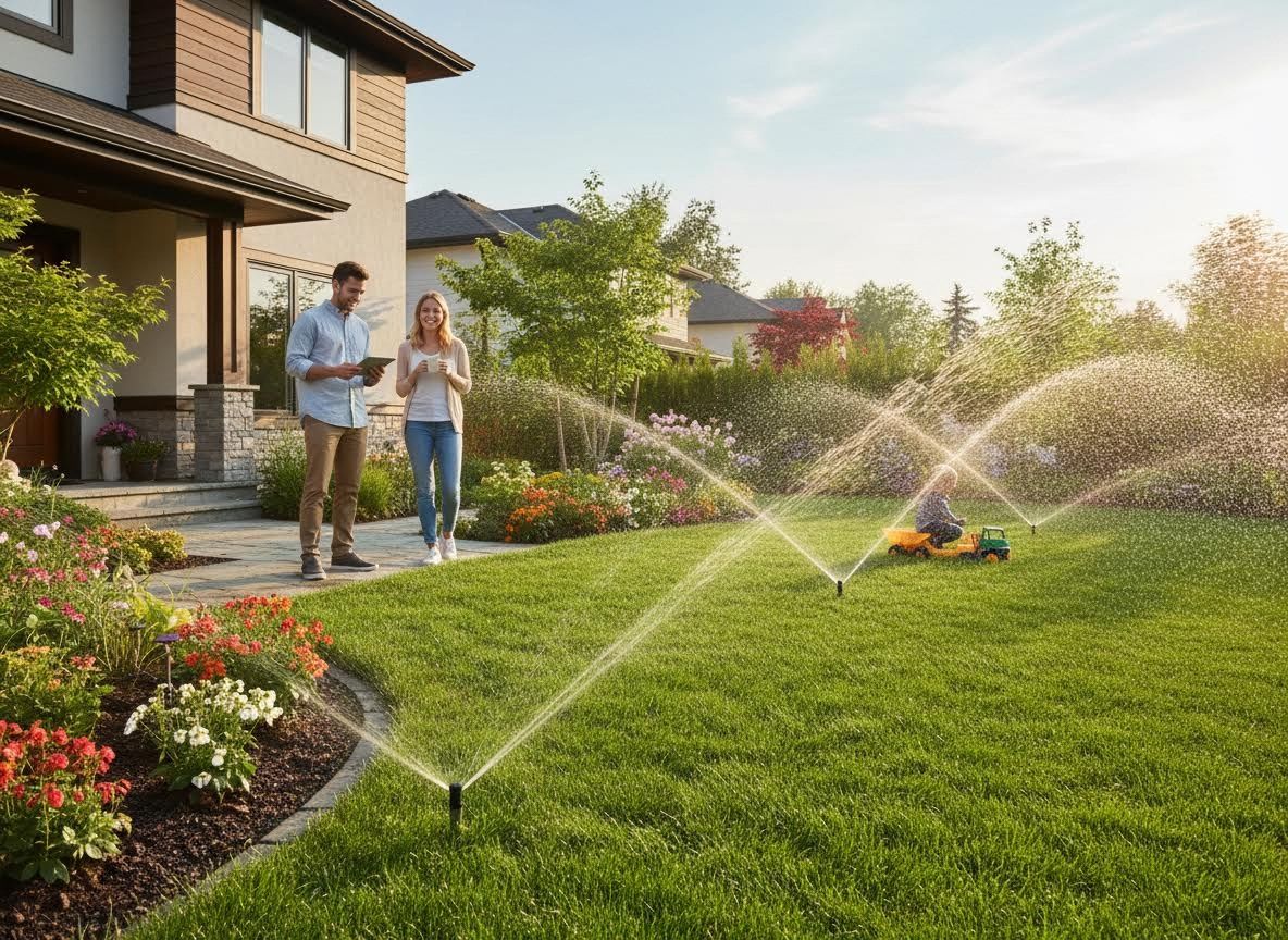 Family in Modern Yard with Smart Sprinkler System