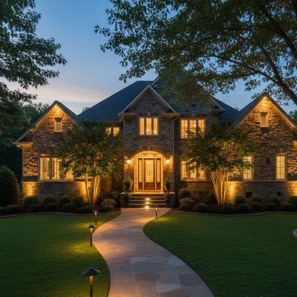 the outside of a well-lit home with exterior lights