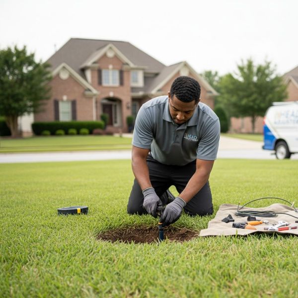 a male technician focused on repairing a sprinkler head