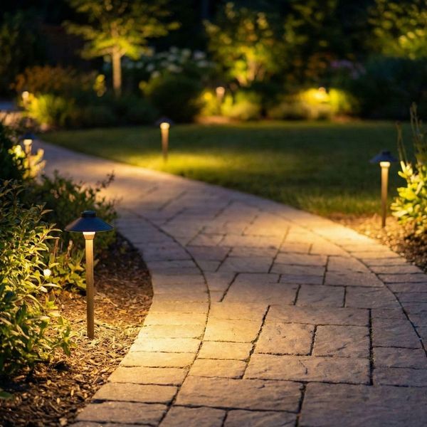 winding stone pathway in a garden at night, illuminated by a series of warm, low-voltage landscape lights