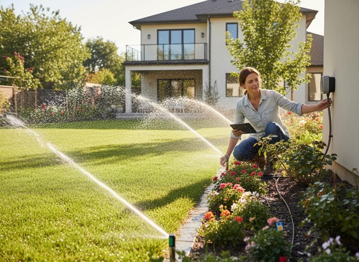 Woman managing smart irrigation system with tablet