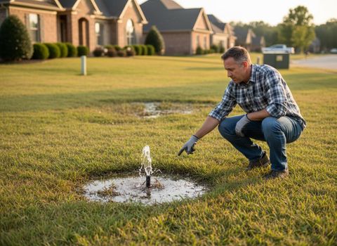 Man Inspecting Broken Sprinkler in Lawn