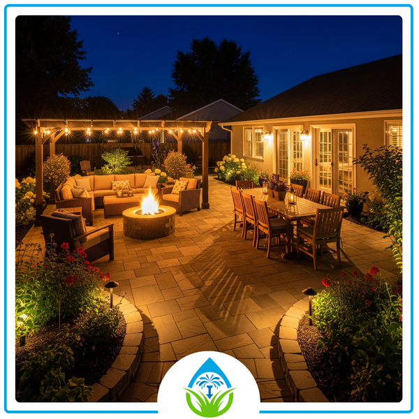 A family's backyard patio at night, warmly illuminated by professional outdoor lights that highlight the stone patio and surrounding garden, extending their living space.