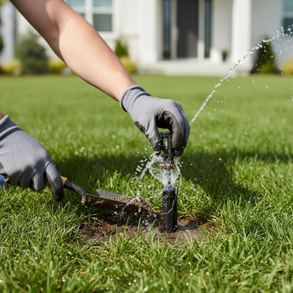 Hands in grey work gloves using a small trowel and adjusting a broken sprinkler head that is actively spraying water in a residential lawn. Hands in grey work gloves using a small trowel and adjusting a broken sprinkler head that is actively spraying water in a residential lawn.