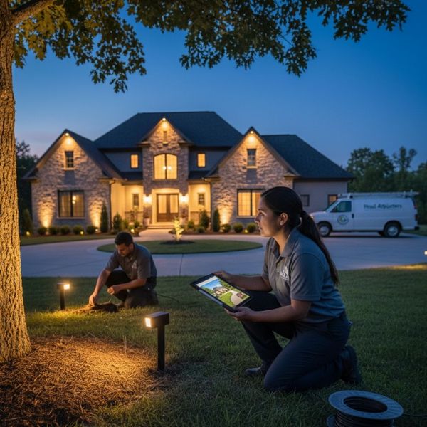 Two Head Adjusters technicians are working on landscape lighting installation