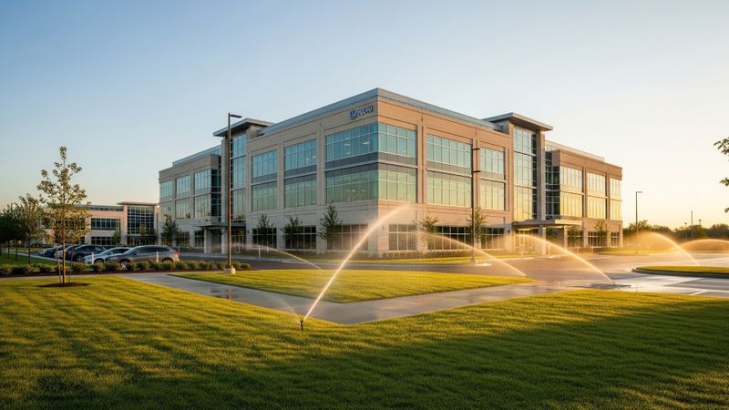 Sprinklers watering an office lawn