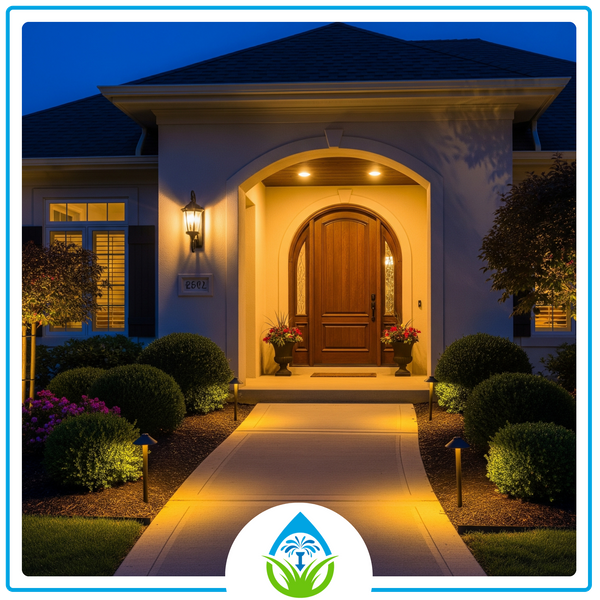 The front entryway and walkway of a home, clearly and safely illuminated by strategically placed outdoor yard lights, enhancing security by eliminating dark areas.
