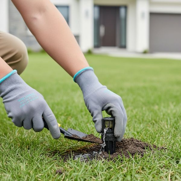 Person wearing work gloves using a trowel to clear dirt around a faulty sprinkler head actively leaking water onto a green lawn in front of a house. Person wearing work gloves using a trowel to clear dirt around a faulty sprinkler head actively leaking water onto a green lawn in front of a house.