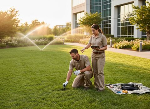 Landscaping team inspecting sprinklers