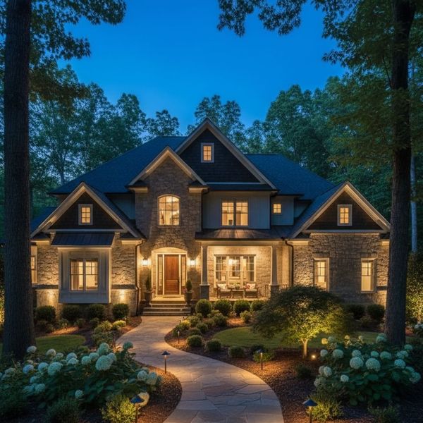 A grand stone-faced suburban home framed by trees, elegantly lit at dusk by strategically placed landscape lighting along the path and highlighting the architecture and garden. A grand stone-faced suburban home framed by trees, elegantly lit at dusk by strategically placed landscape lighting along the path and highlighting the architecture and garden.