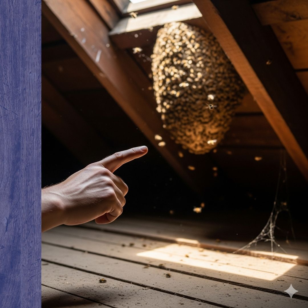 Hand pointing at a honeybee nest in an attic