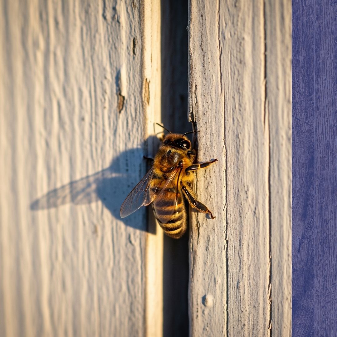 honeybee entering a crack in a house's siding