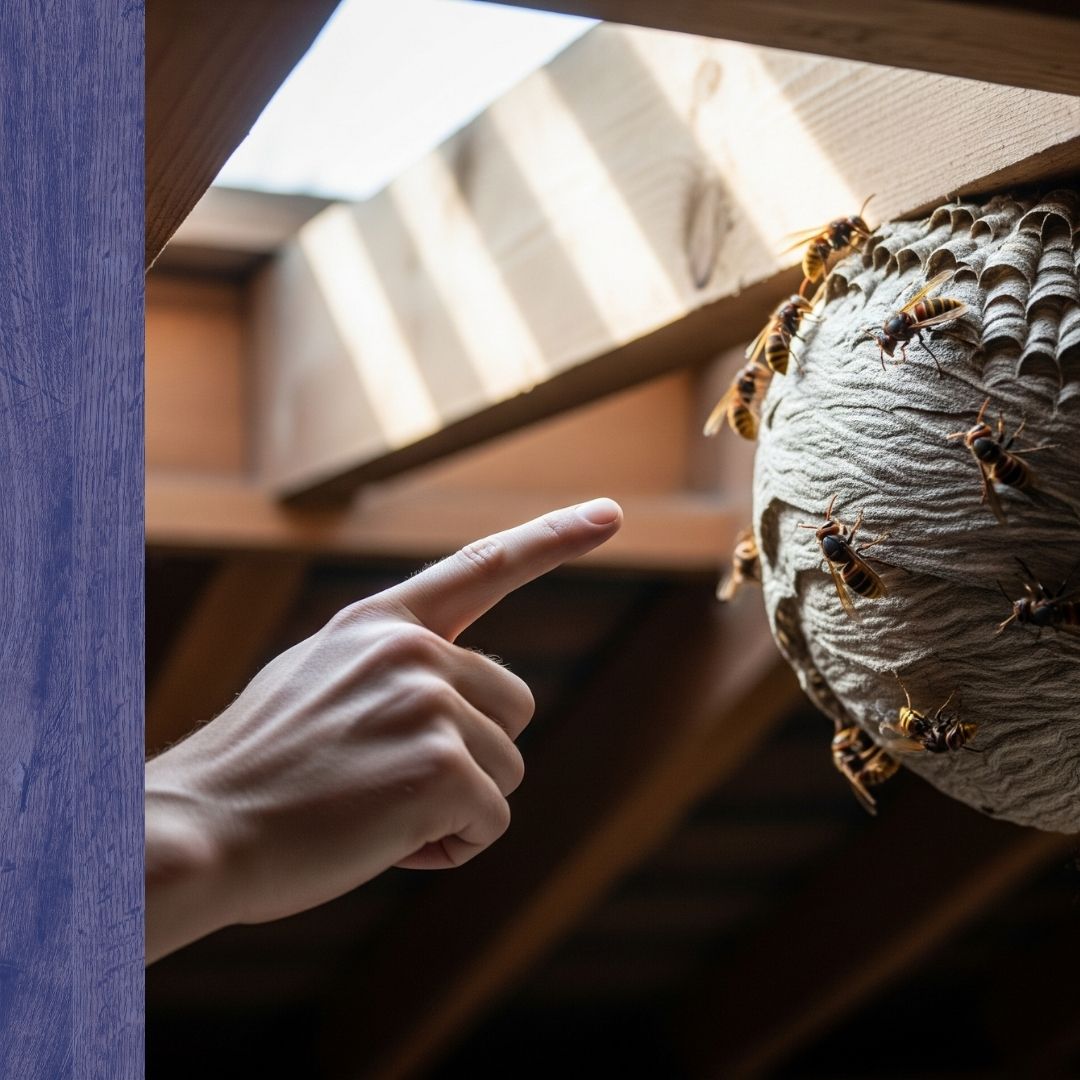 Hand pointing to a hornet nest in an attic